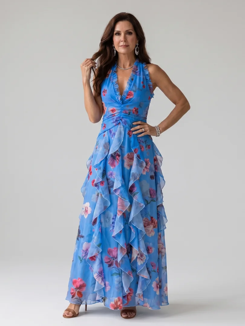 Blue Nori | Halter Neck Ruched Bodice Floral Maxi Dress