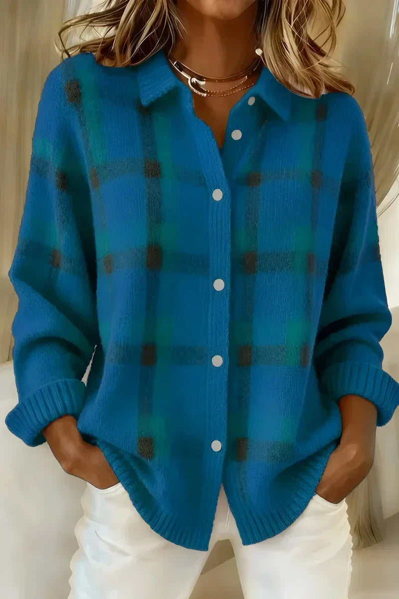 Blue Kelsey™ | Brushed Knit Plaid Cardigan