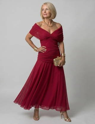 Red Calen | Off Shoulder Flow Midi Dress