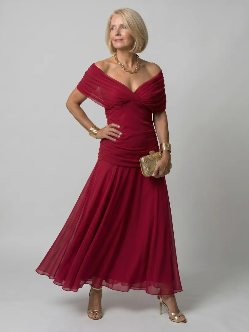 Red Calen | Off Shoulder Flow Midi Dress