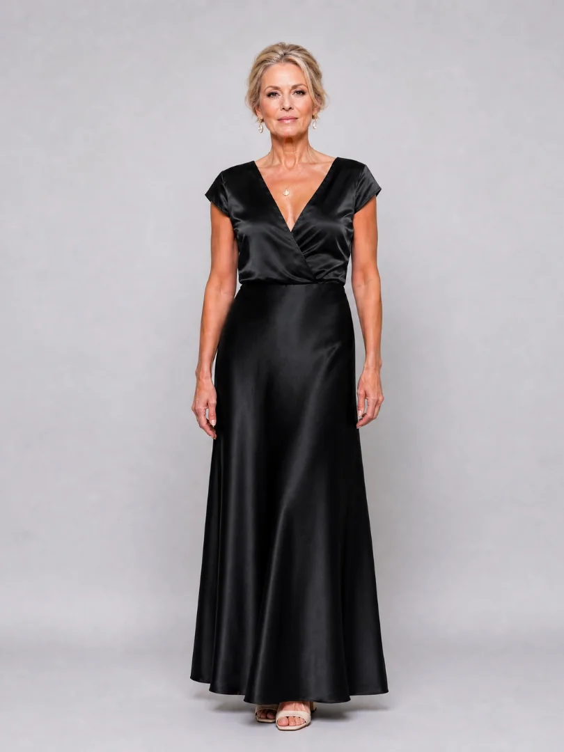 Black Samouse™ Cap Sleeve Wrap Bodice Maxi Dress