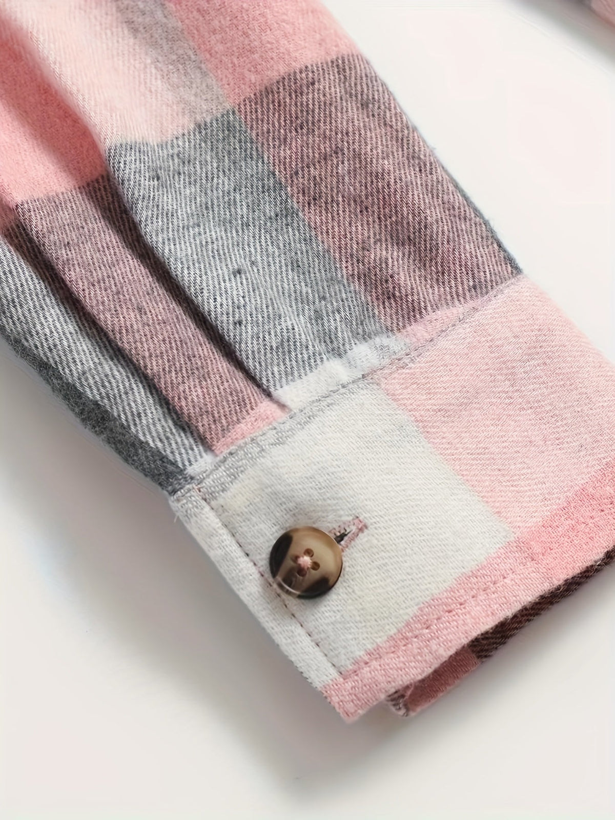 Nora Lightweight Plaid Shirt Jacket in Pink, cuff detail