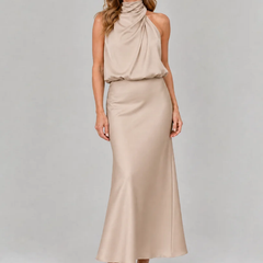 Beige Nopal | Sleeveless Draped Neck Midi Dress