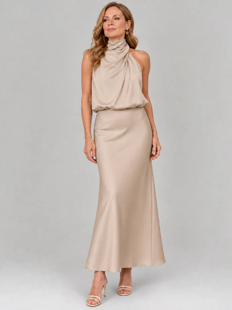 Beige Nopal | Sleeveless Draped Neck Midi Dress