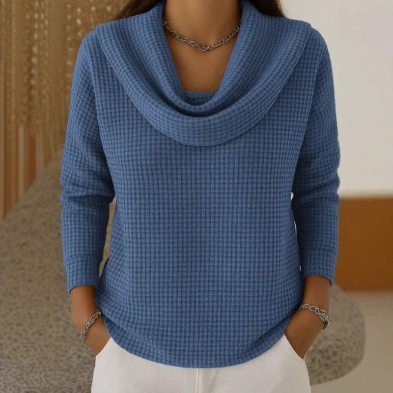 Blue Amber™ – Warm Waffle Sweater with Elegant Waterfall Neckline