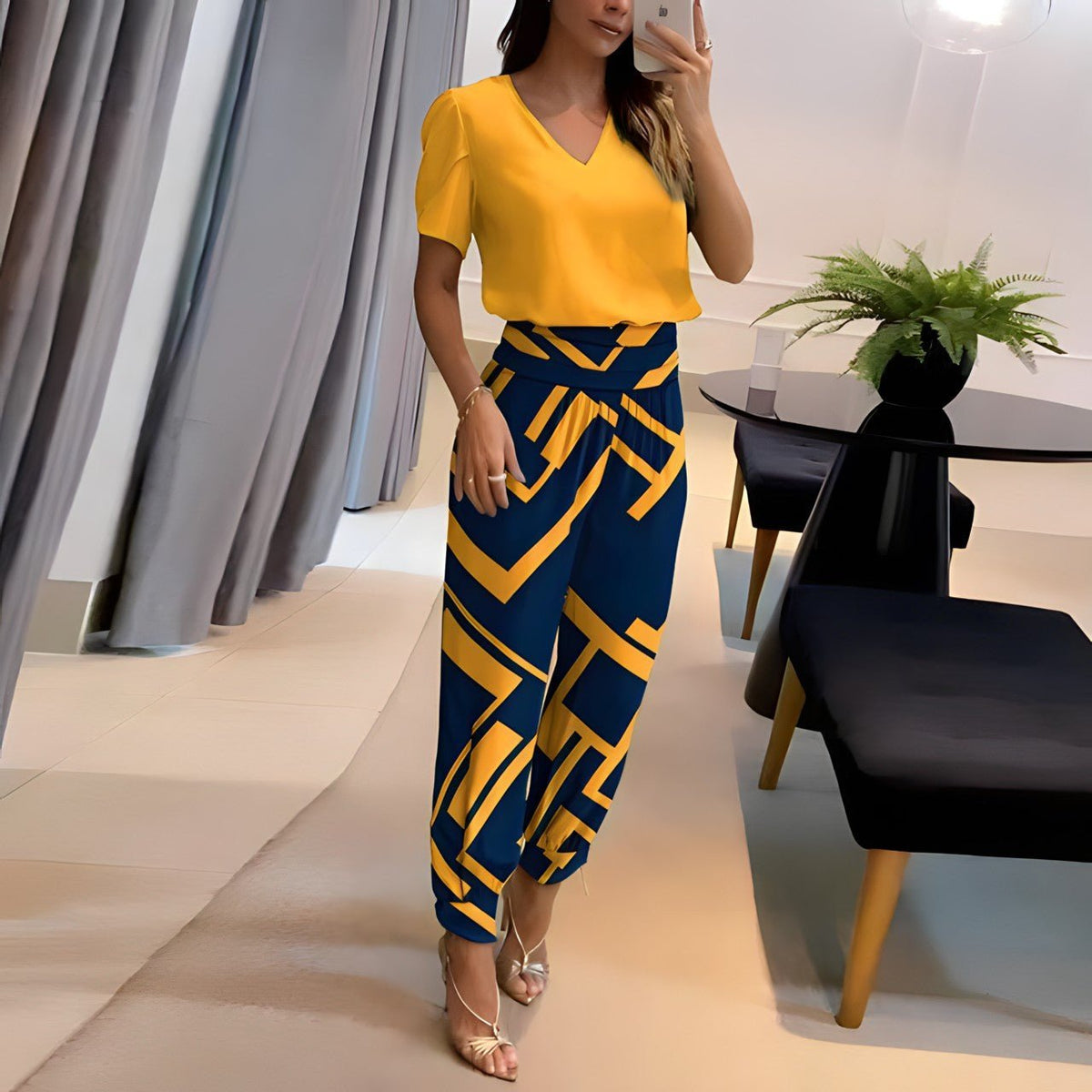 Yellow Women's Trendy Two-Piece Top and Trouser Coordinated Set