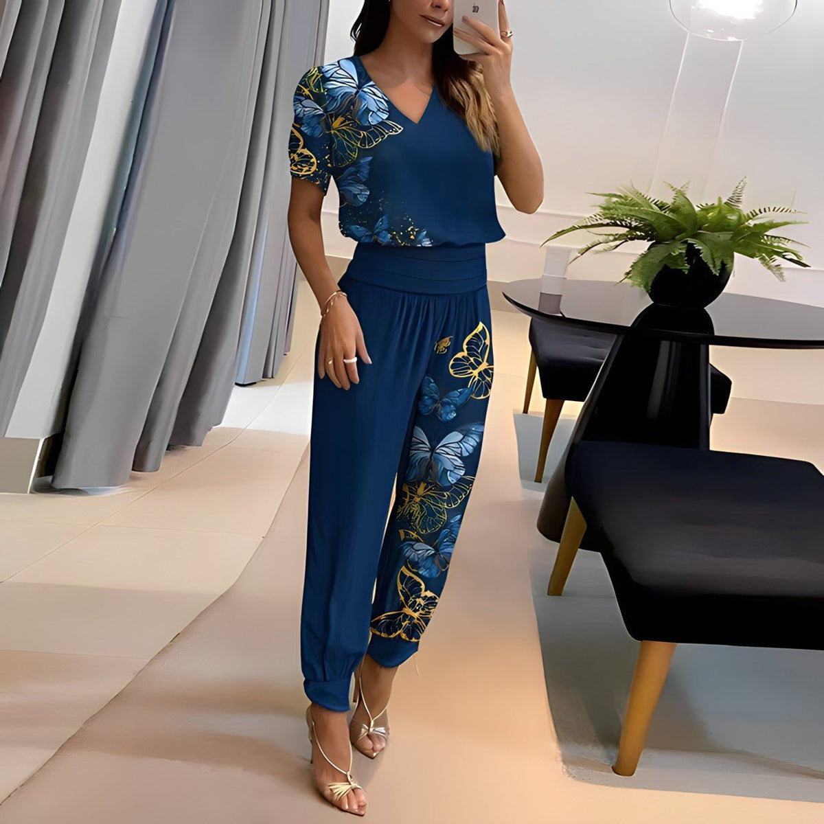 Blue Women's Trendy Two-Piece Top and Trouser Coordinated Set