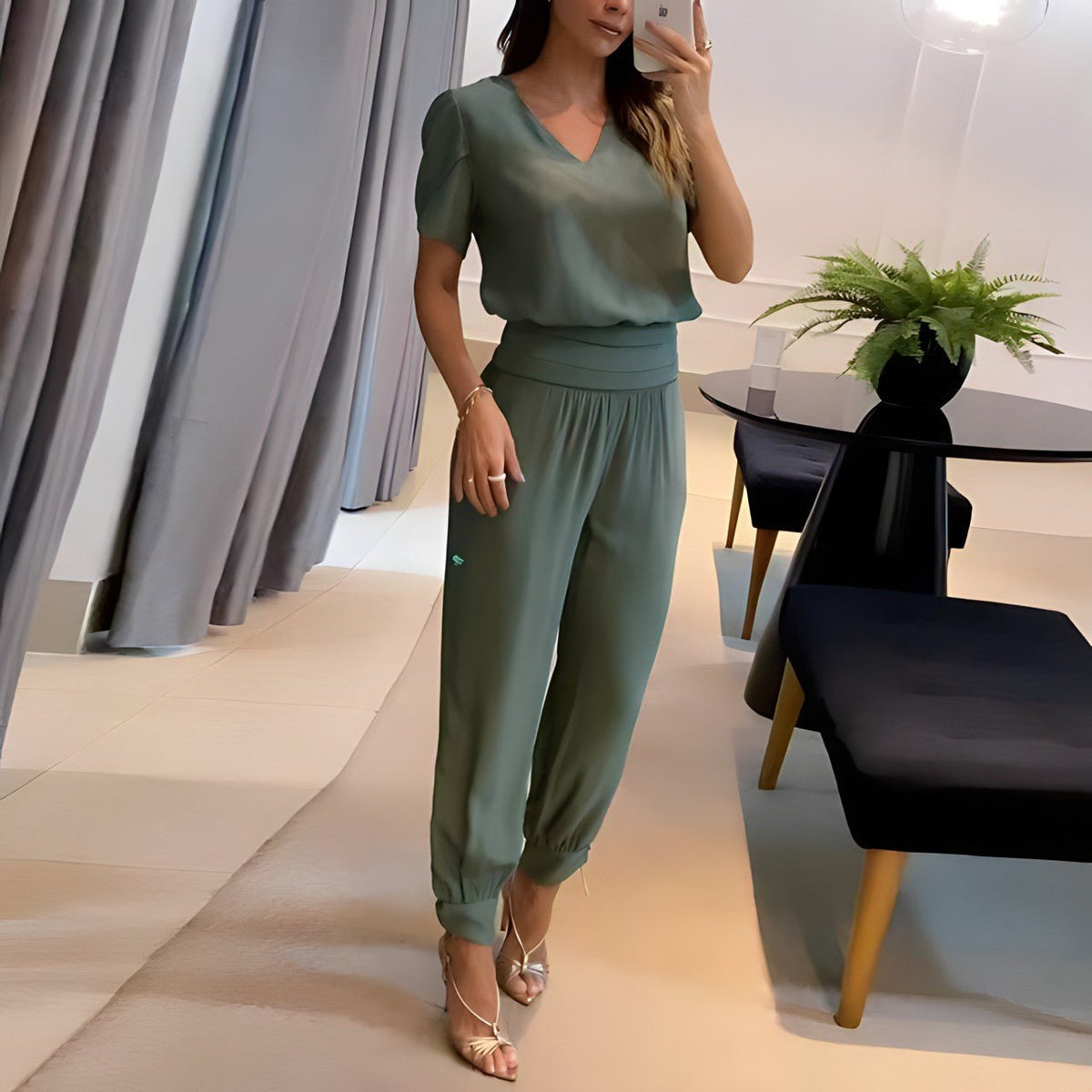 Green Women's Trendy Two-Piece Top and Trouser Coordinated Set