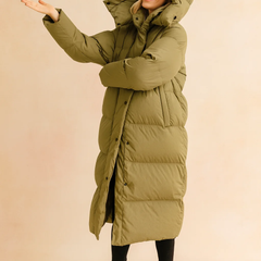 Beige Long Quilted Hooded Puffer Winter Jacket for Women