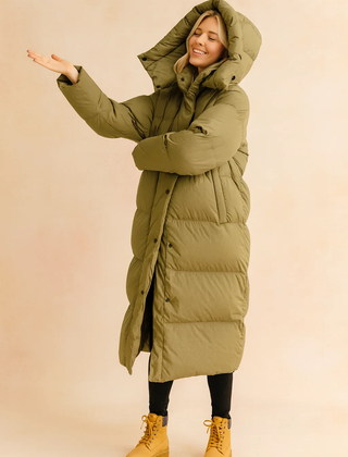 Beige Long Quilted Hooded Puffer Winter Jacket for Women