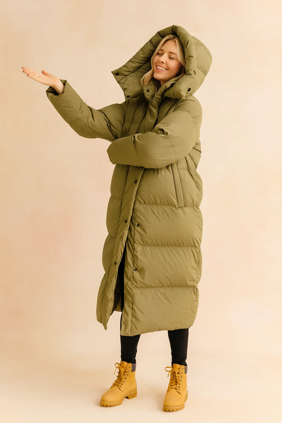 Beige Long Quilted Hooded Puffer Winter Jacket for Women
