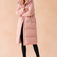 Pink Long Quilted Hooded Puffer Winter Jacket for Women