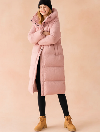 Pink Long Quilted Hooded Puffer Winter Jacket for Women