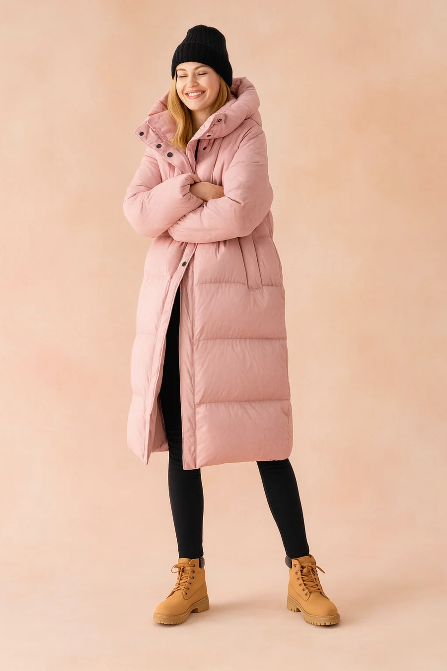 Pink Long Quilted Hooded Puffer Winter Jacket for Women