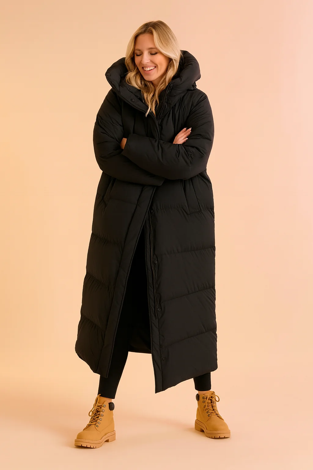 Black Long Quilted Hooded Puffer Winter Jacket for Women
