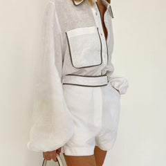 Contrast Trim Cotton Linen Shorts Set - photo 4