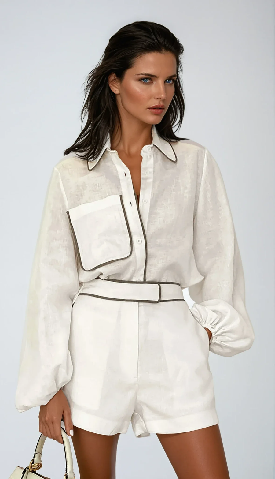 Contrast Trim Cotton Linen Shorts Set - photo 1