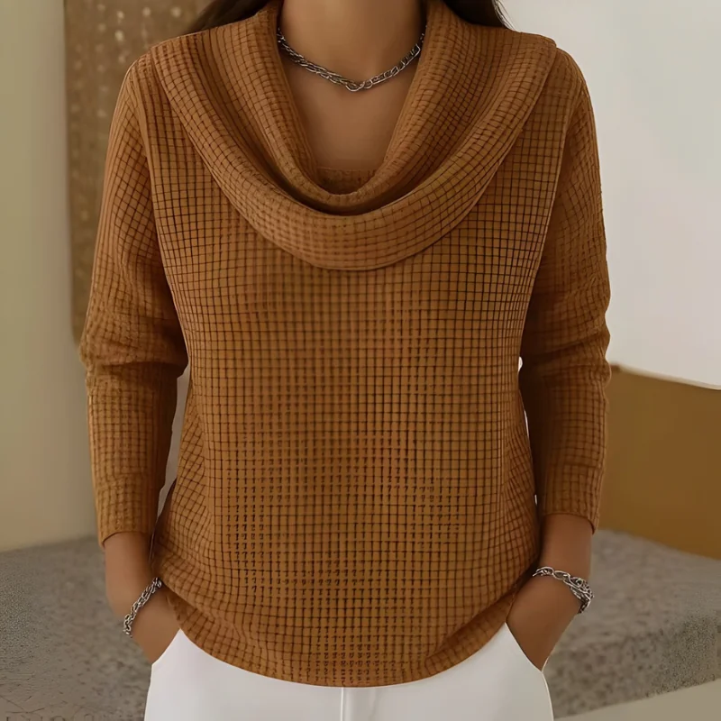 Caramel Brown Amber™ – Warm Waffle Sweater with Elegant Waterfall Neckline