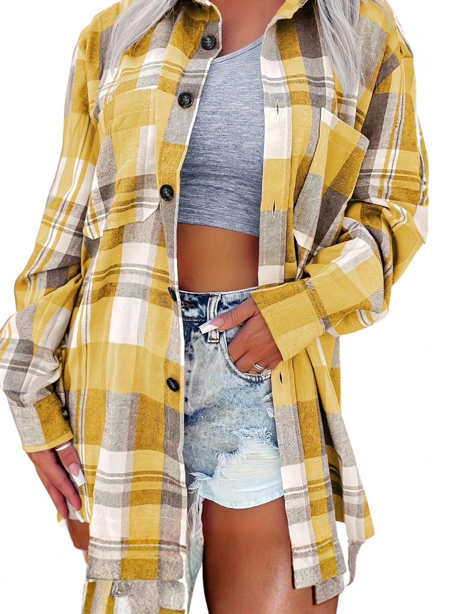 Nora Lightweight Plaid Shirt Jacket in Yellow, worn open