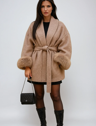 Women's Faux Fur Coat with Waist Tie Belt - photo 1