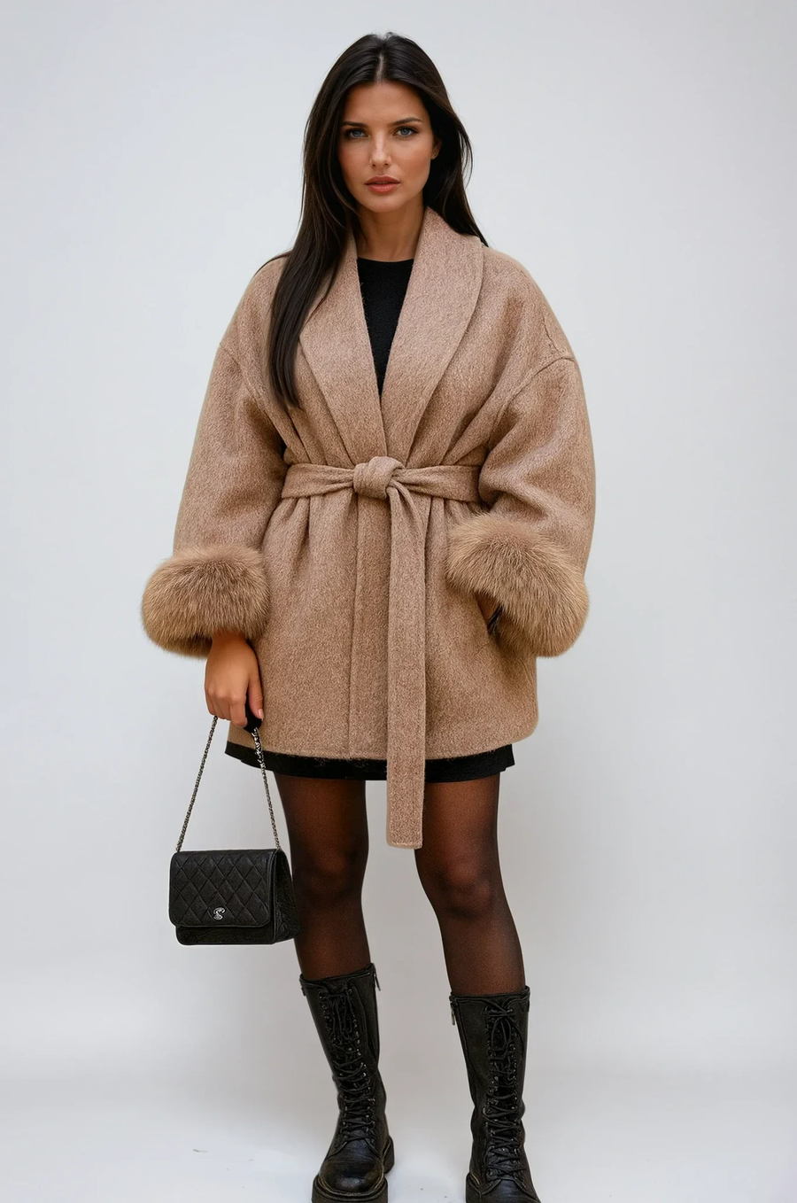 Women's Faux Fur Coat with Waist Tie Belt - photo 1