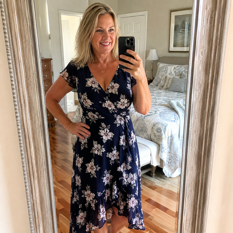 Woman taking a mirror selfie in a navy floral wrap dress