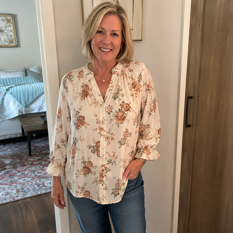 Woman wearing a cream blouse with a rust and green floral print