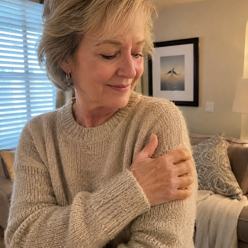 Woman in a beige knit sweater smiling softly