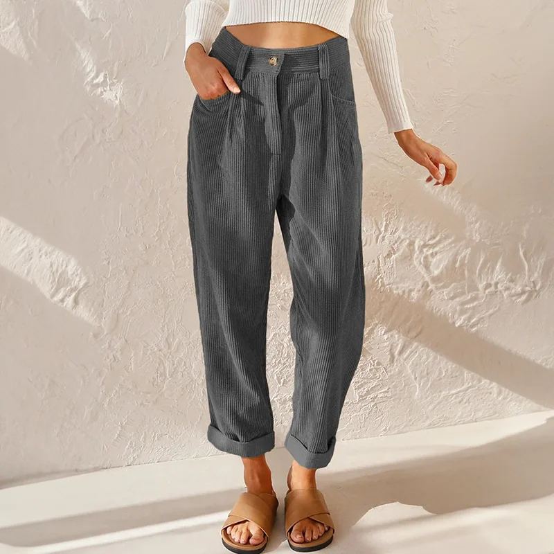 Gray Mina | High-Waist Corduroy Trousers for Women | Casual Comfort