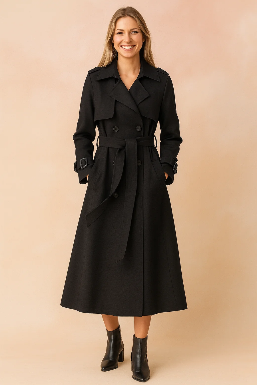 Black Long Belted Trench Coat with Buckle Detail for Women