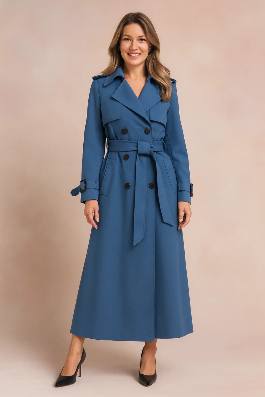 Blue Long Belted Trench Coat with Buckle Detail for Women