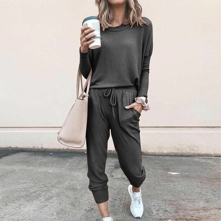 Dark Gray Women's Stylish Two-Piece Top and Trouser Coordinated Set