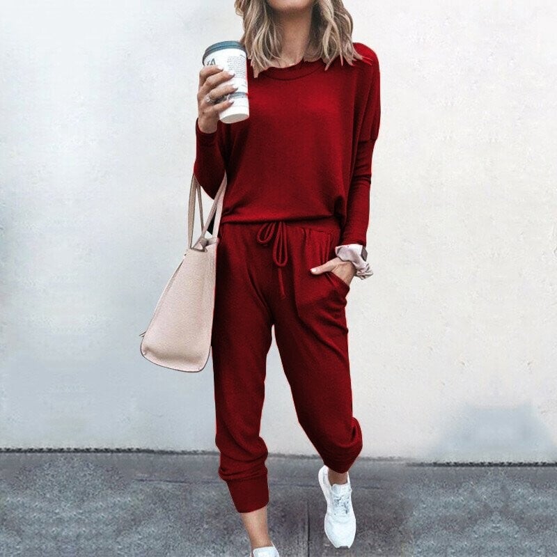 Wine Red Women's Stylish Two-Piece Top and Trouser Coordinated Set