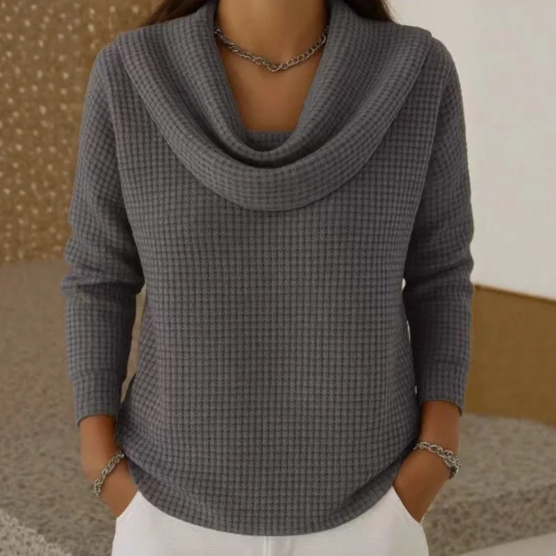 Gray Amber™ – Warm Waffle Sweater with Elegant Waterfall Neckline