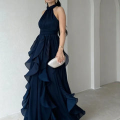 Blue Orea™ High Neck Gathered Ruffle Layers Maxi Dress