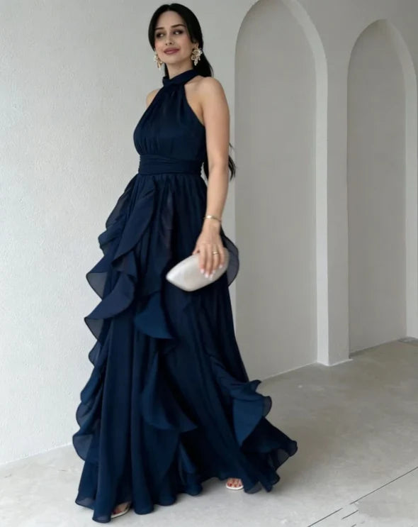 Blue Orea™ High Neck Gathered Ruffle Layers Maxi Dress