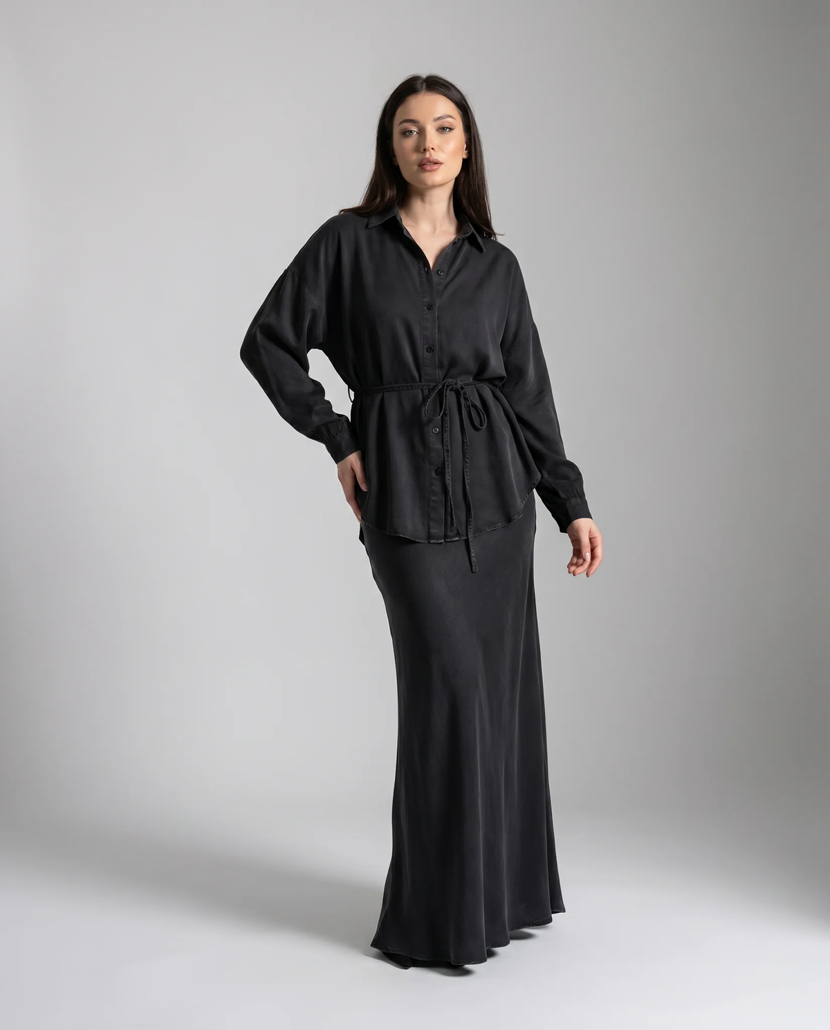 Women's Long Sleeve Tie-Front Shirt and Skirt Two-Piece Set - photo 3