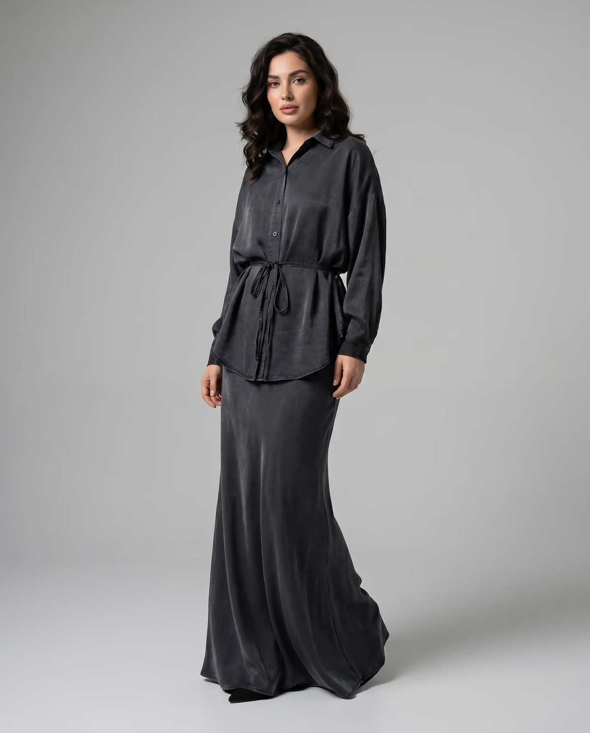 Women's Long Sleeve Tie-Front Shirt and Skirt Two-Piece Set - photo 2