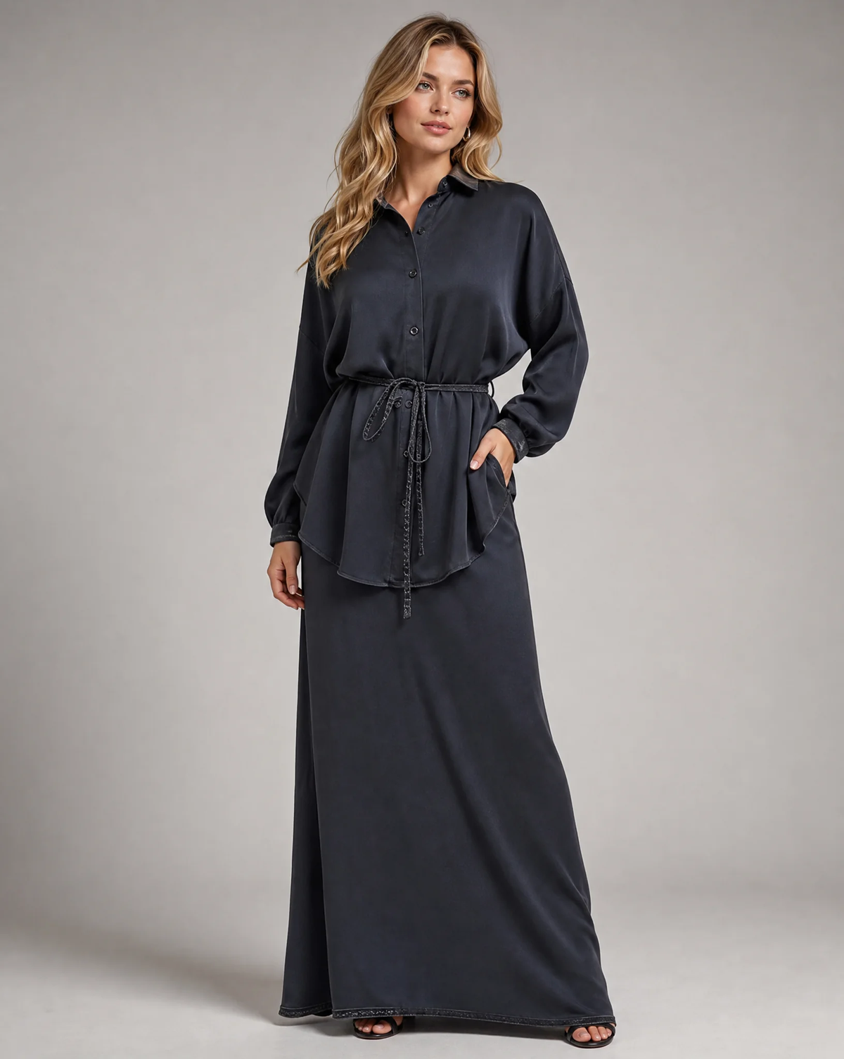 Black Women's Long Sleeve Tie-Front Shirt and Skirt Two-Piece Set