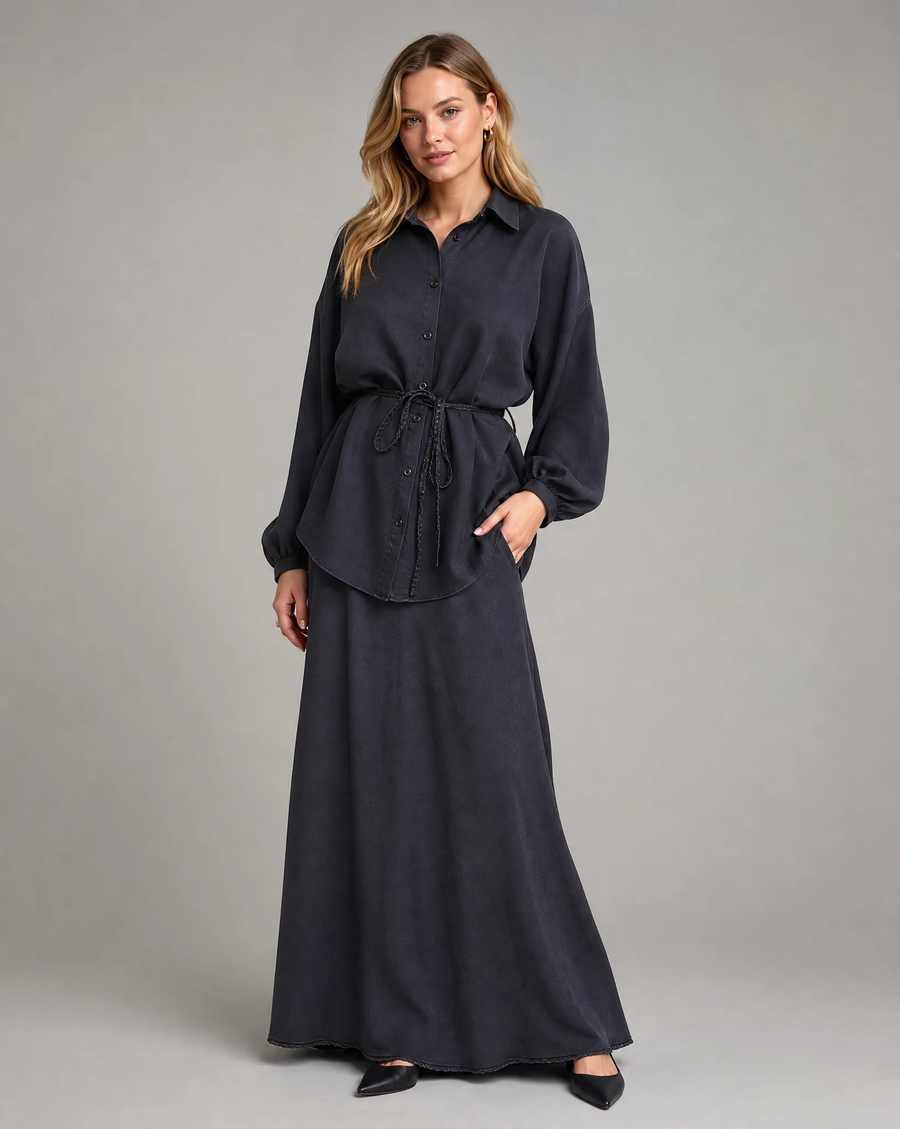 Women's Long Sleeve Tie-Front Shirt and Skirt Two-Piece Set - photo 1
