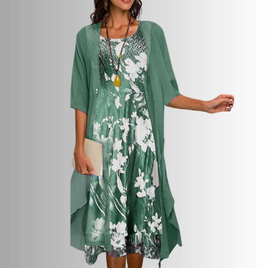 Floral Green Women's Floral Print Two-Piece Top and Skirt Set
