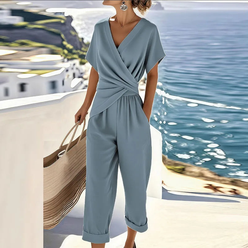 Blue Women's Elegant Long Sleeve Top and Wide Leg Trouser Two-Piece Set