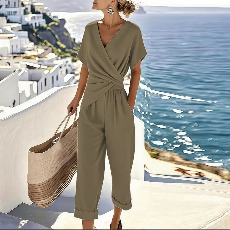 Khaki Women's Elegant Long Sleeve Top and Wide Leg Trouser Two-Piece Set