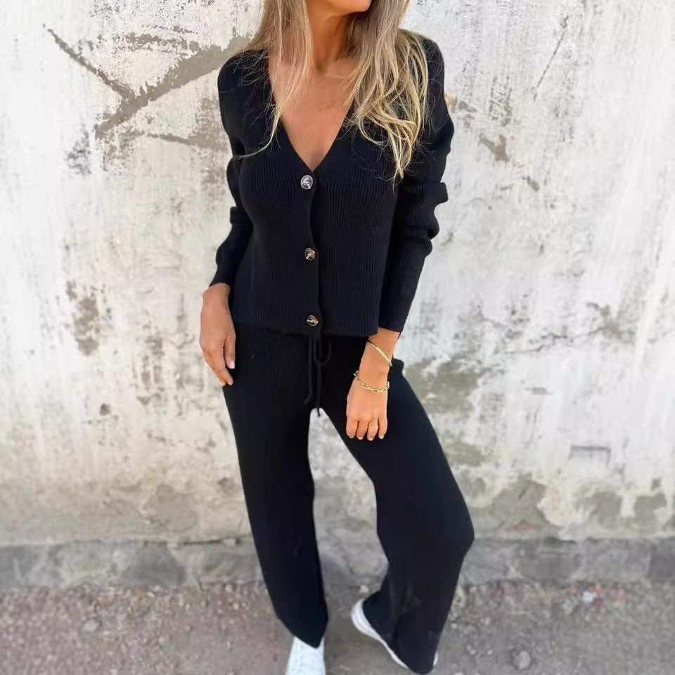 Women's Knit Cardigan and Wide Leg Trouser Two-Piece Set - photo 3