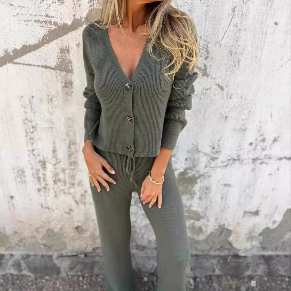 Green Women's Knit Cardigan and Wide Leg Trouser Two-Piece Set