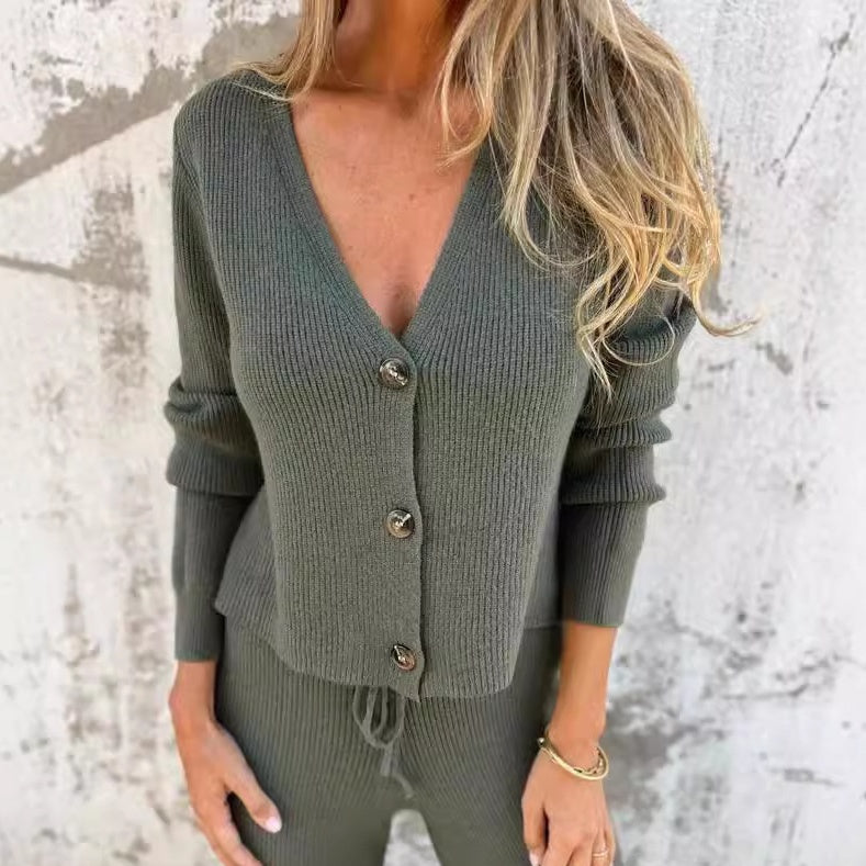 Women's Knit Cardigan and Wide Leg Trouser Two-Piece Set - photo 4