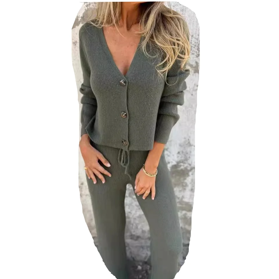 Women's Knit Cardigan and Wide Leg Trouser Two-Piece Set - photo 7