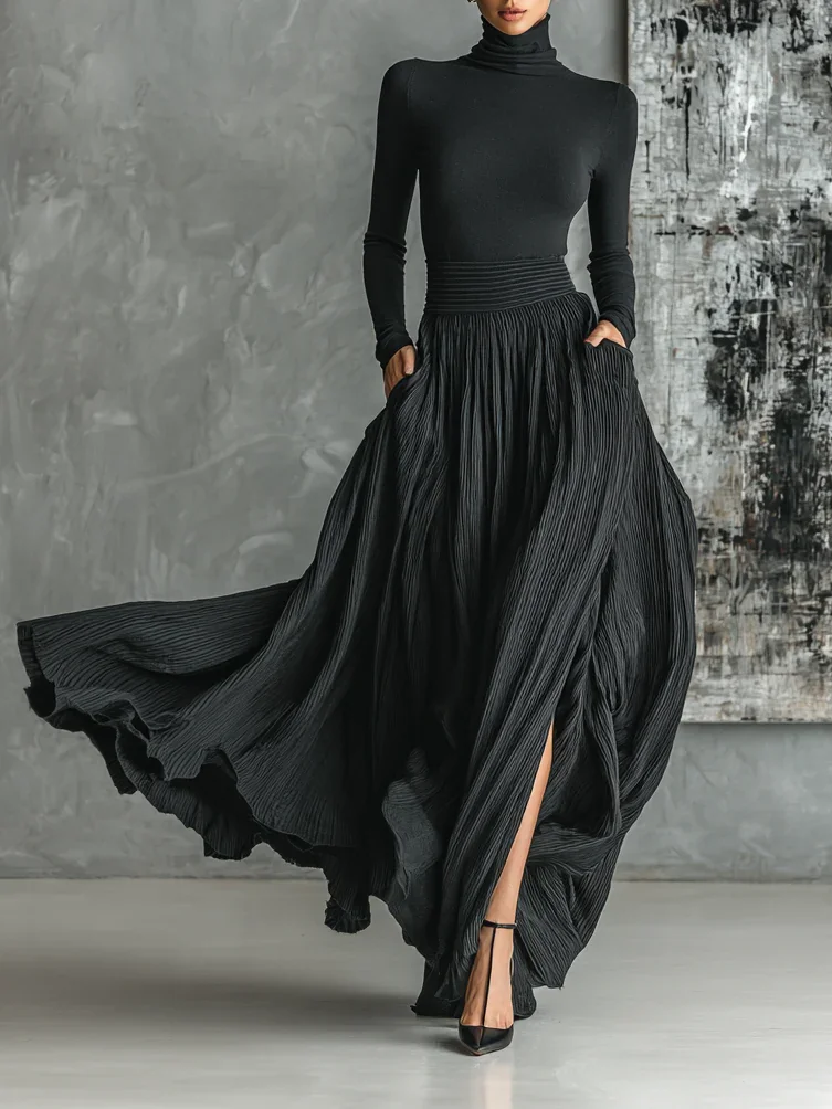 Black Women's Black Turtleneck Top and Pleated Midi Skirt Two-Piece Set