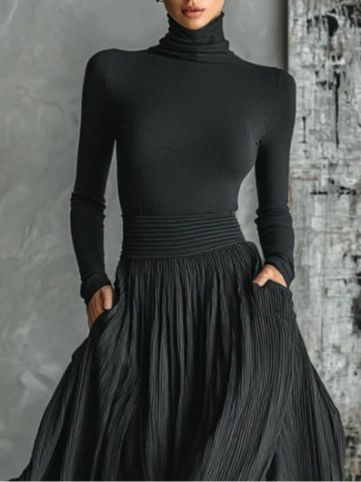 Women's Black Turtleneck Top and Pleated Midi Skirt Two-Piece Set - photo 1
