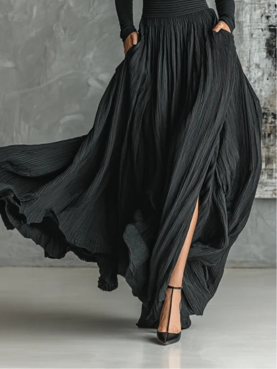 Women's Black Turtleneck Top and Pleated Midi Skirt Two-Piece Set - photo 2